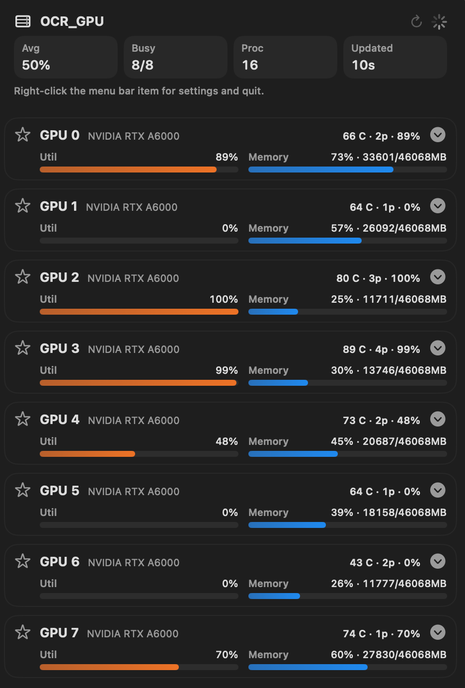 NVBeacon dark mode popover showing multiple GPUs, process details, and alerts